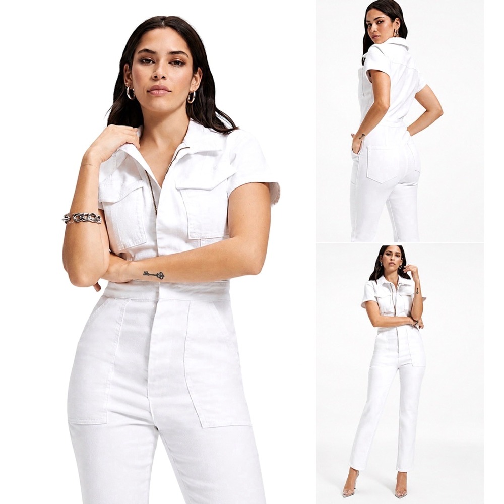 NEW! Good American Fit For Success Denim Jean Jumpsuit White SZ 2